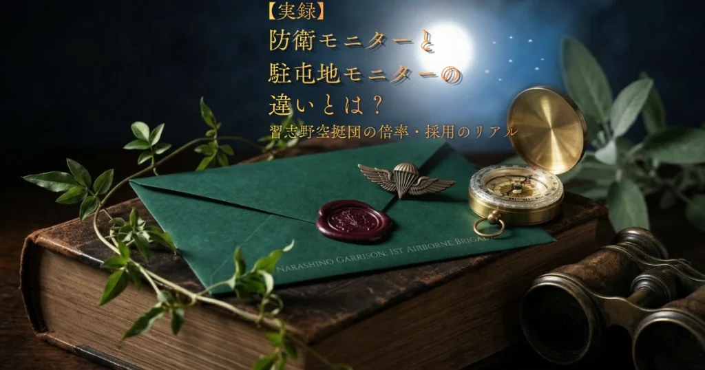 『【実録】防衛モニターと駐屯地モニターの違いとは？習志野空挺団の倍率と採用のリアル』のタイトルが入った、深緑の封筒と空挺徽章が置かれた魔法の本棚の風景