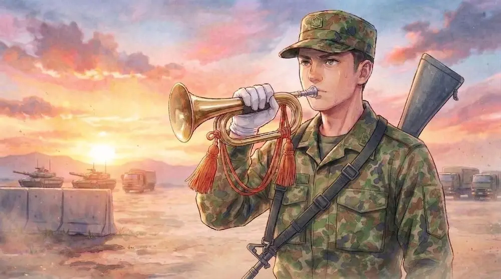 夕暮れの演習場で、戦車を背景にらっぱの練習に励む自衛官