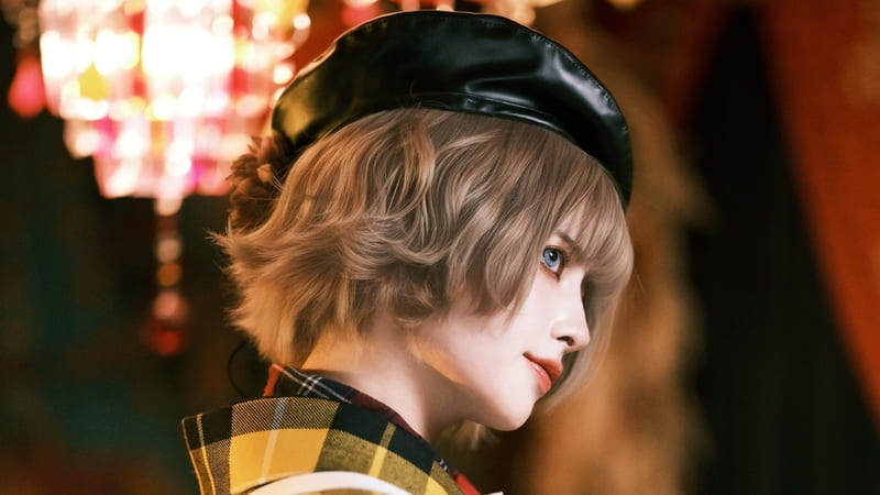 黄色いチェック柄の着物にベレー帽を被った被写体