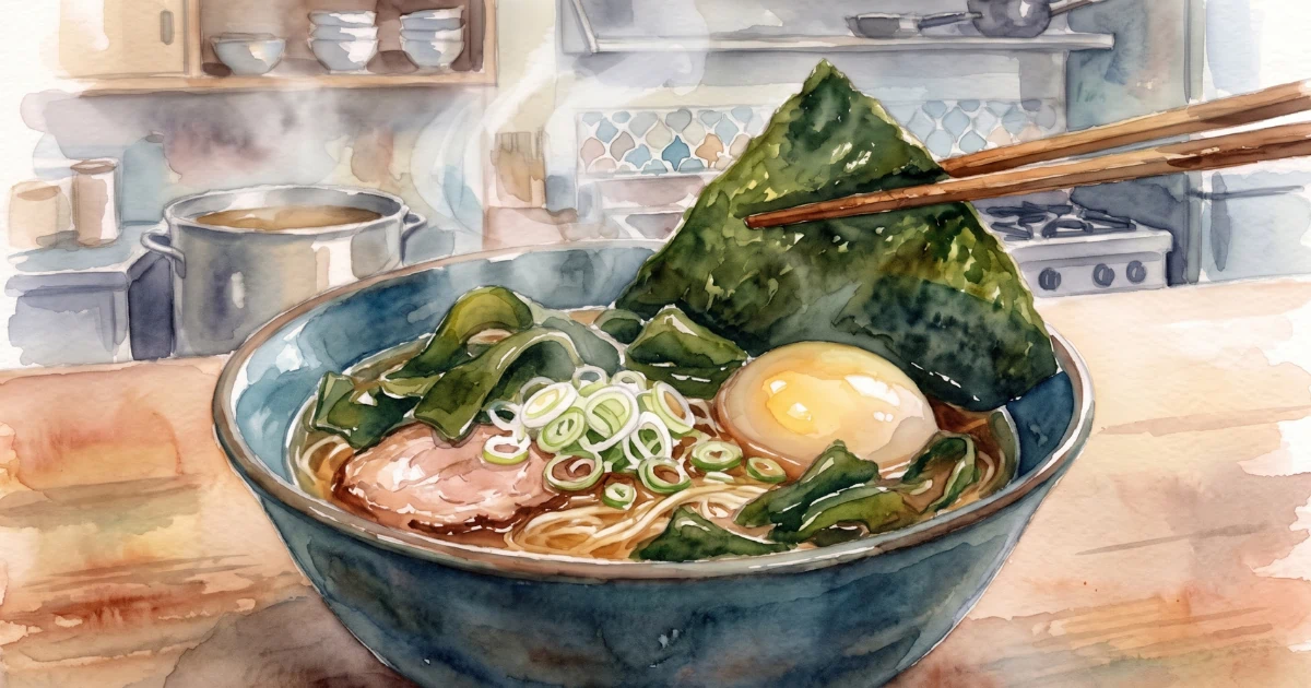 ラーメンの海苔を持ち上げると下から覗く煮卵